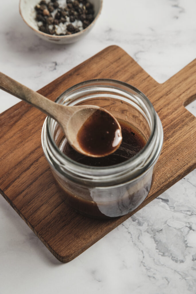Close-up of balsamic vinaigrette ready to serve