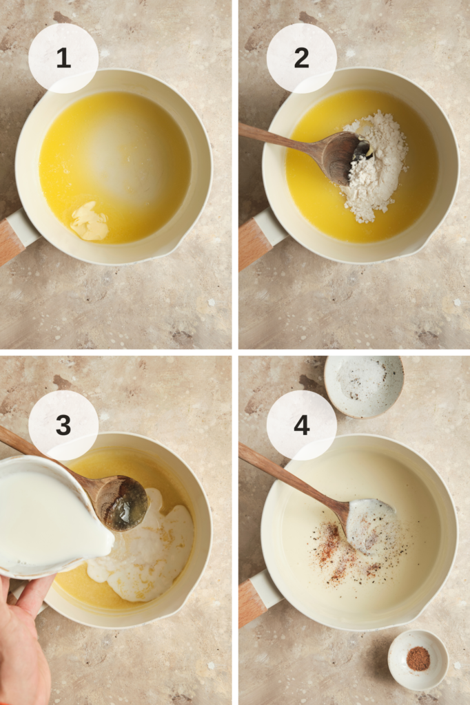 Step-by-Step Photos that show how to make a bechamel sauce for a italian beef lasagna.