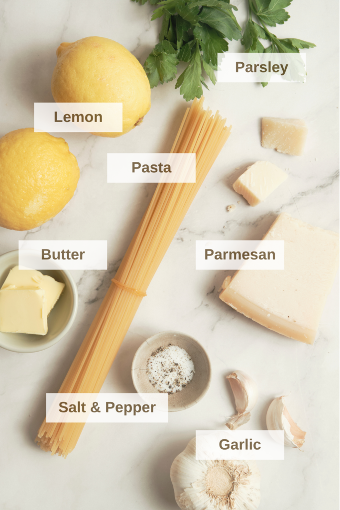 Ingredients needed to make a lemon pasta recipe.