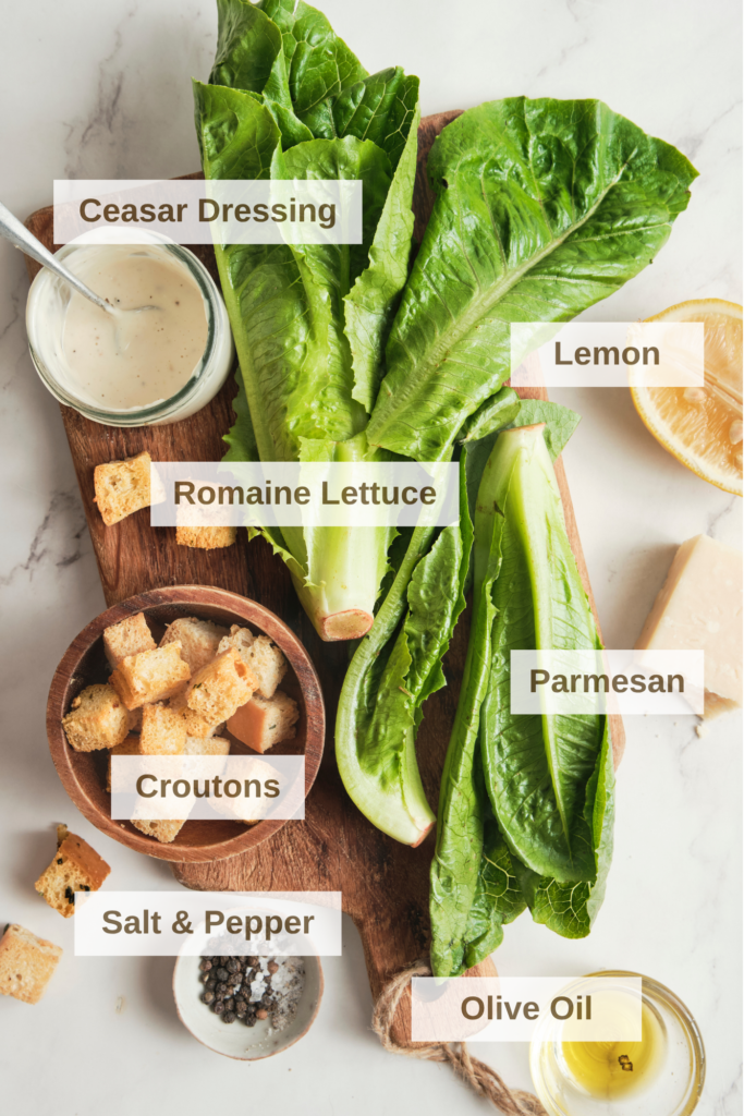 Ingredients needed to make a ceasar salad.