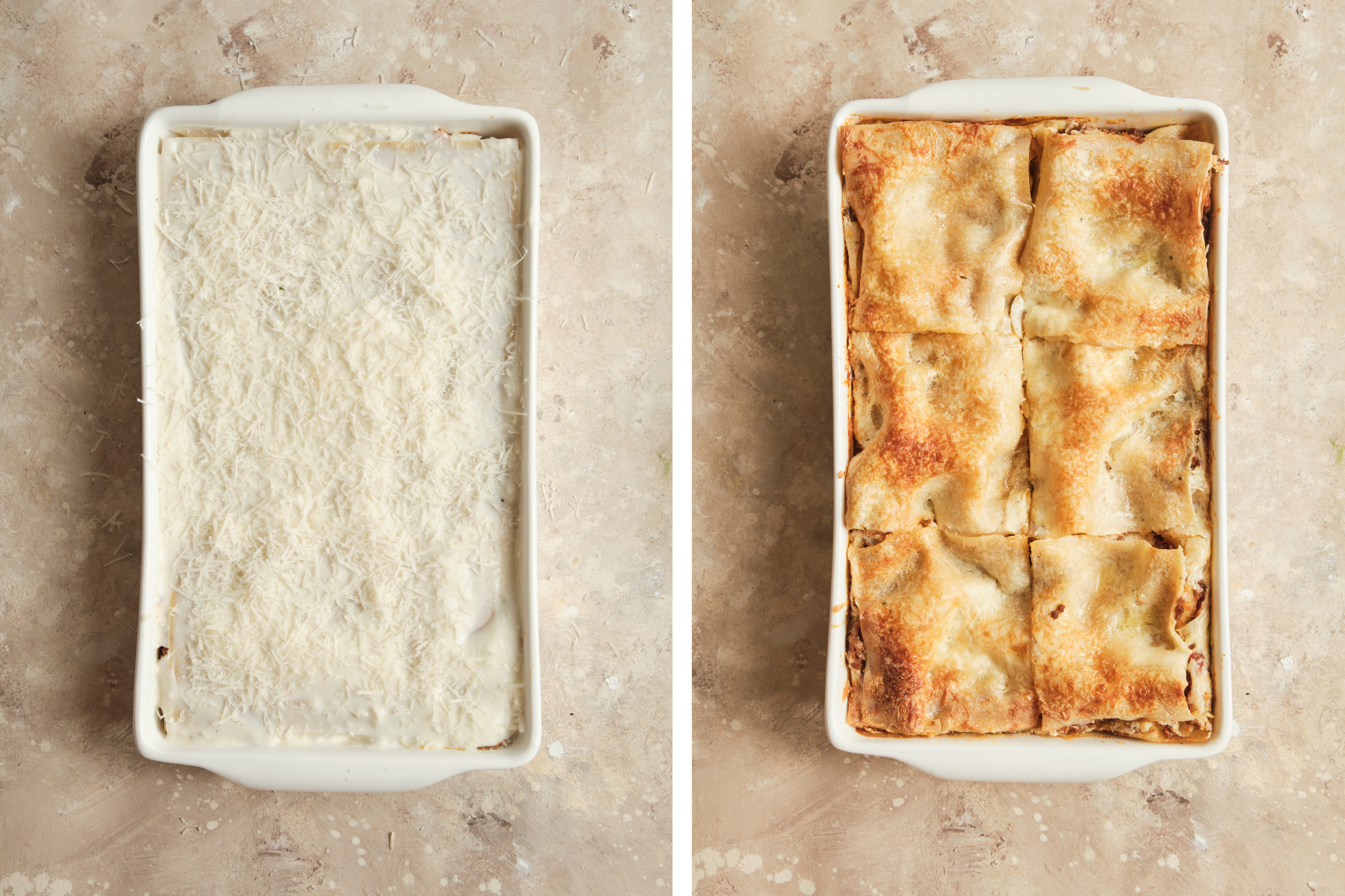 Step-by-Step Photos that shows how to layer a beef lasagna
