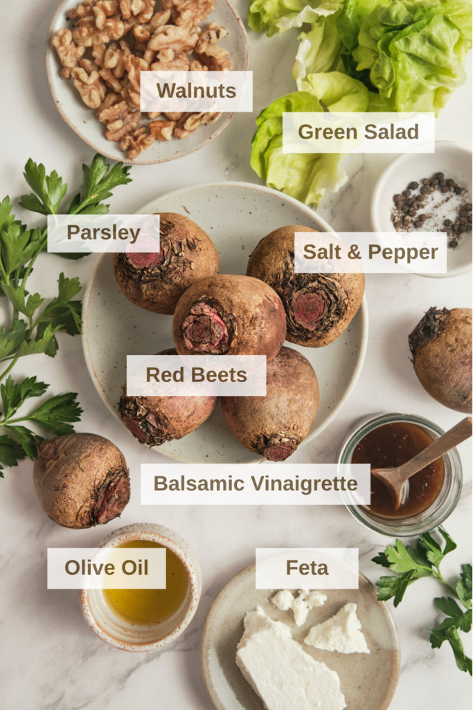 Ingredients for roasted beet salad with beets, walnuts, greens and cheese