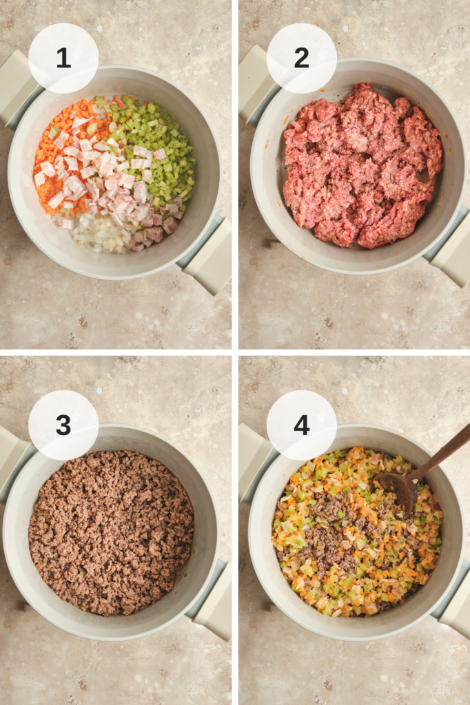 Step-by-Step Photos that shows how to make an authentic bolognese sauce for a italian beef lasagna.