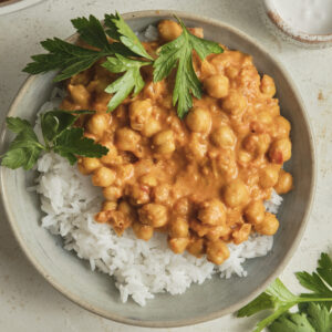 Easy Chickpea Curry served in a bowl over rice and fresh parsley