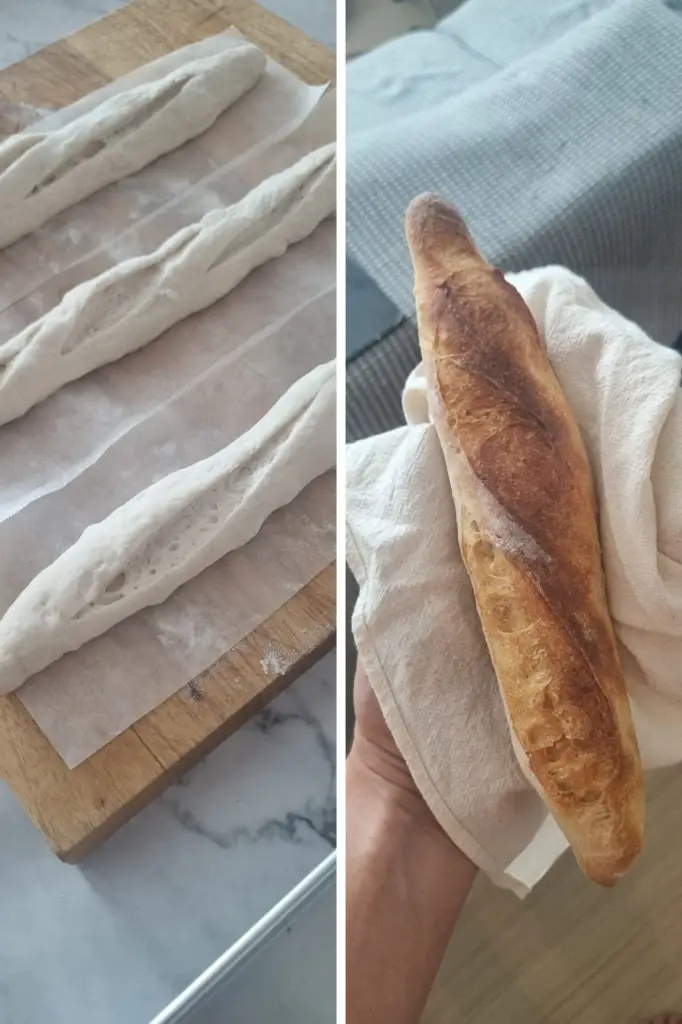 Behind the scenes of freshly baked French baguettes coming out of the oven with a golden crust and airy interior—homemade baguette recipe results for how to make baguette at home.