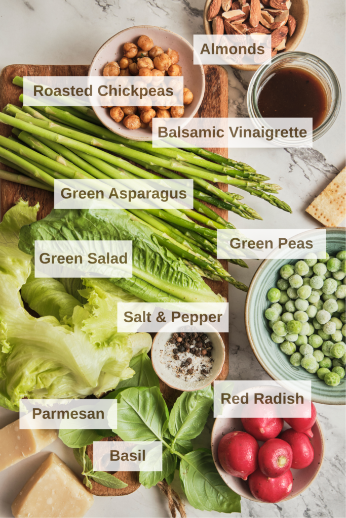 Ingredients needed to make a fresh spring salad with balsamic vinaigrette