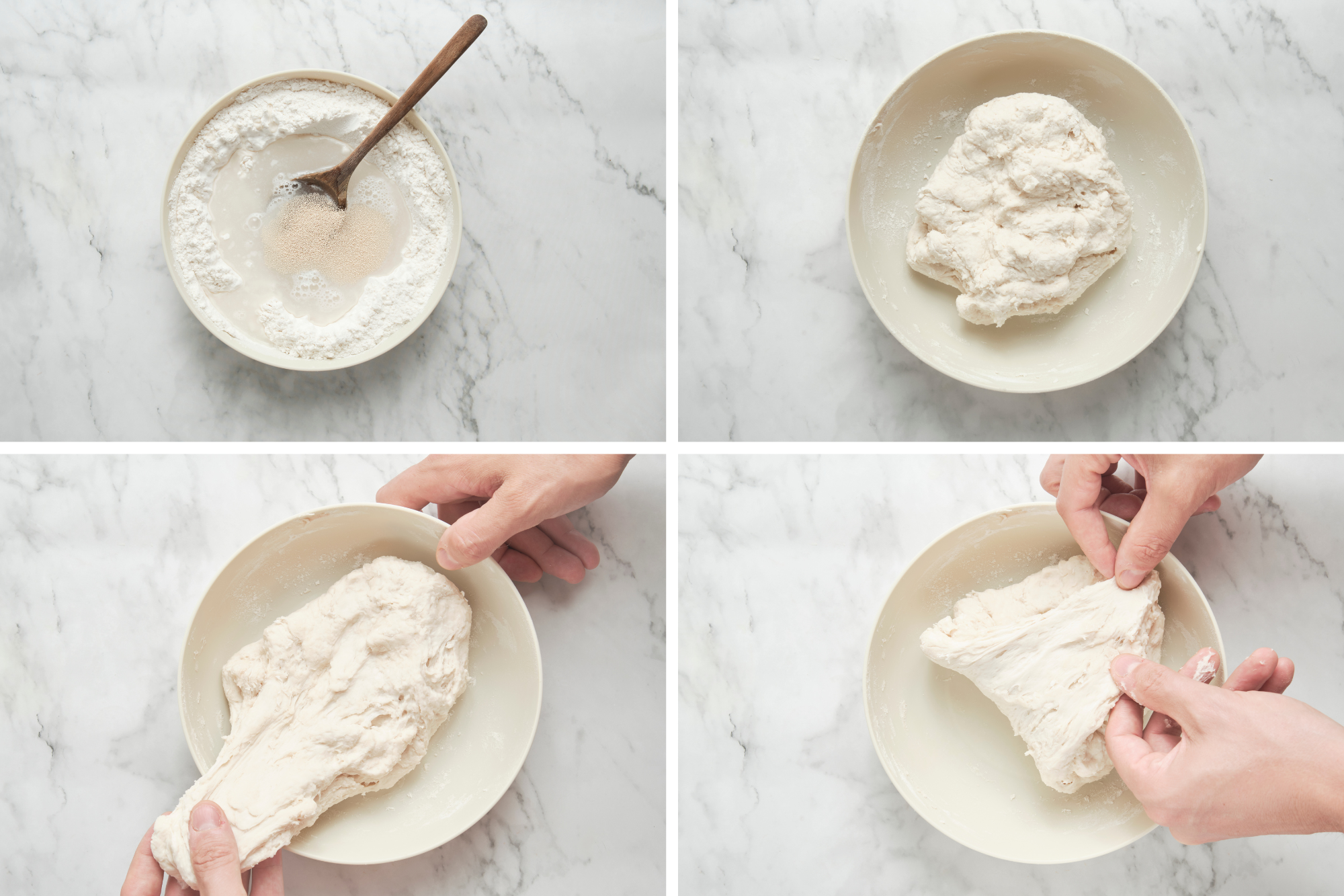 Dough for French baguette being mixed and combined in a bowl during the initial stage of a baguette recipe—step in how to make baguette and French bread recipe homemade.
