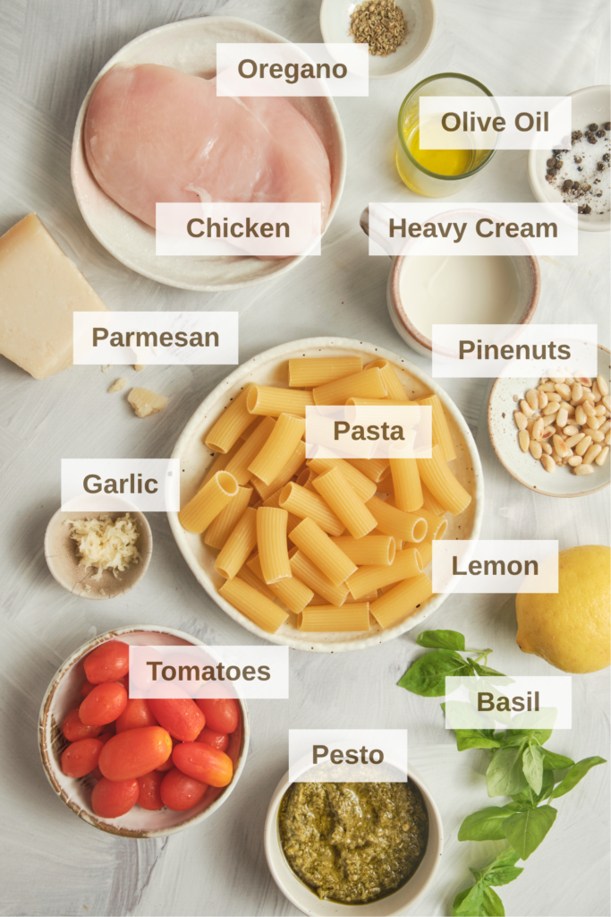 Ingredients needed to make creamt chicken pesto pasta