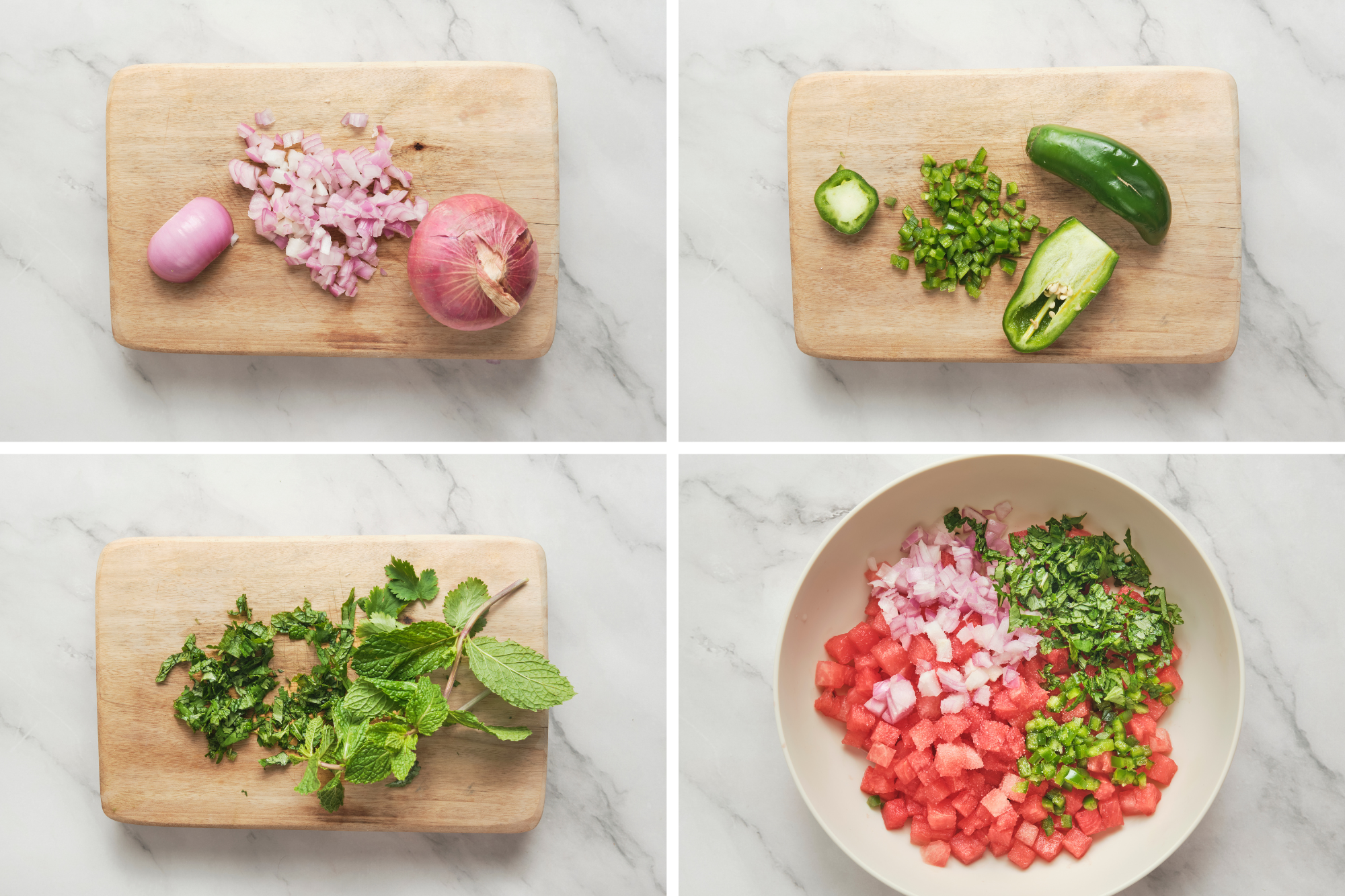 Instructions on how to cut ingredeitns for a watermelon salsa