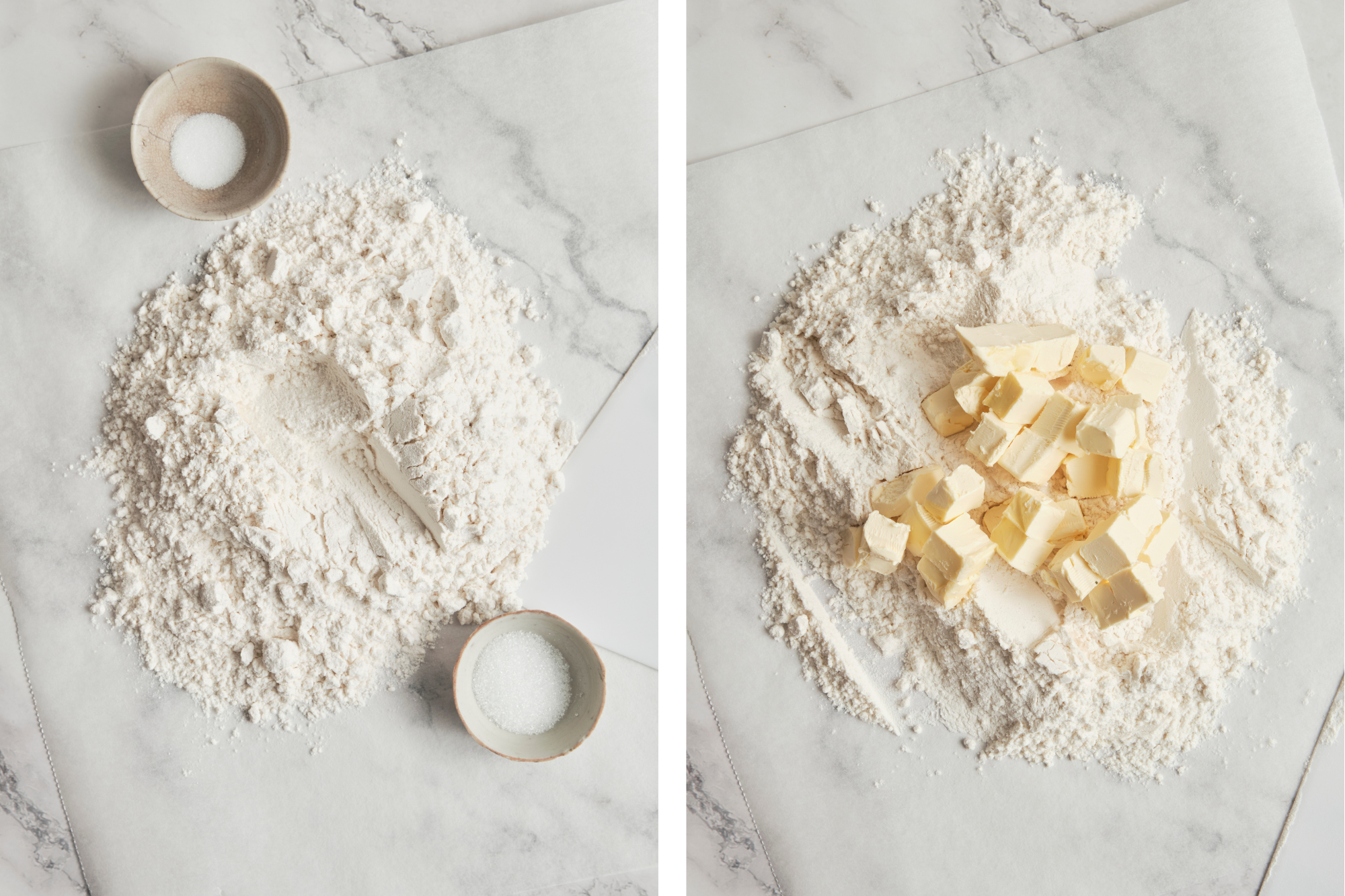 Step-by-step pie crust process showing flour and butter being mixed on a work surface, dough coming together, and rolled out—how to make pie crust from scratch without a food processor.