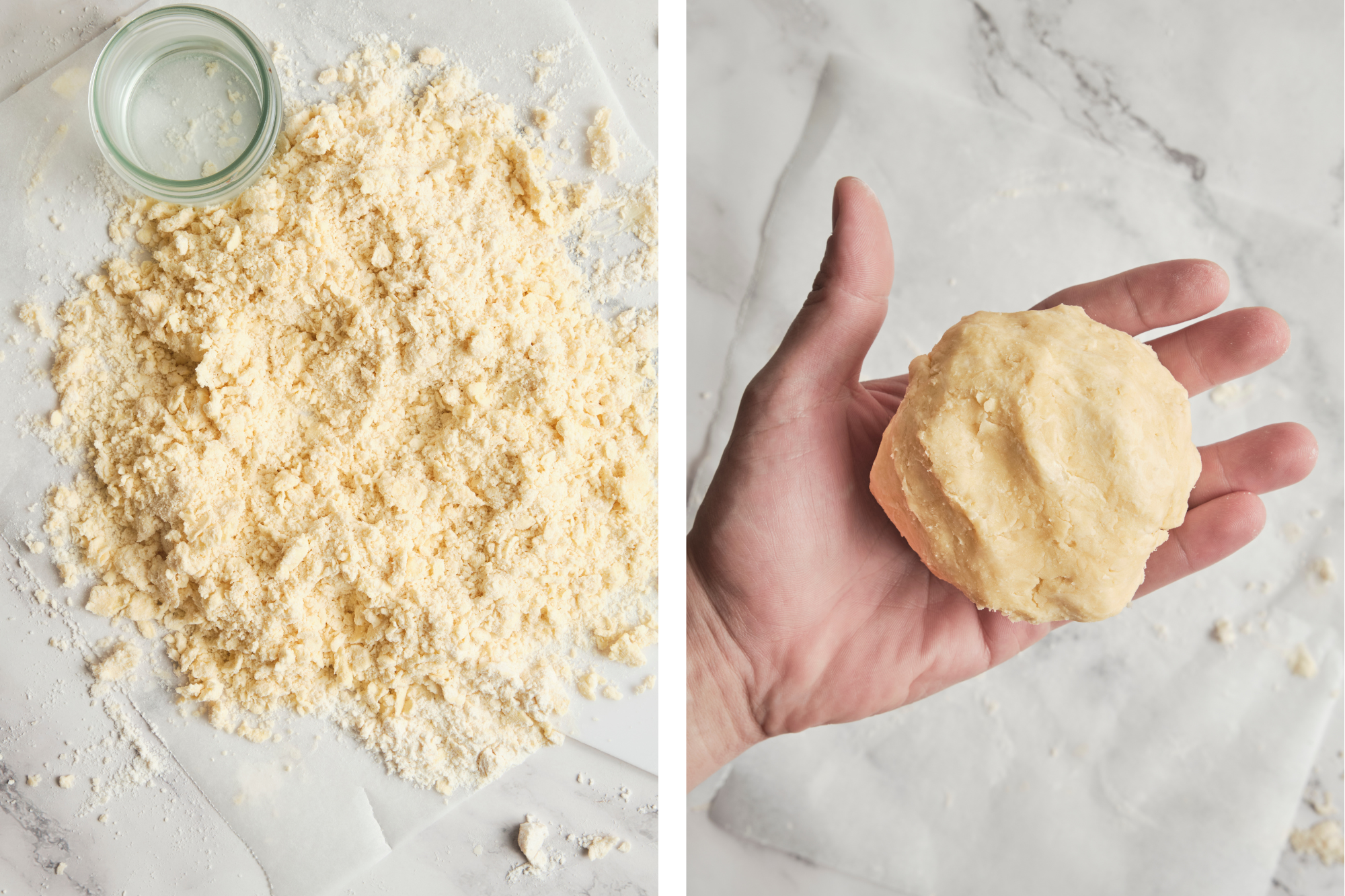 Step-by-step pie crust process showing flour and butter being mixed on a work surface, dough coming together, and rolled out—how to make pie crust from scratch without a food processor.