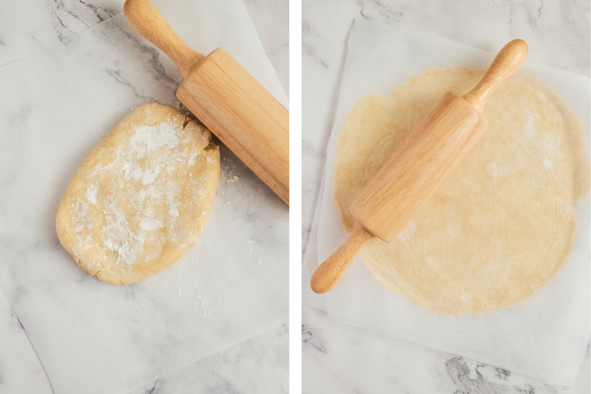 Step-by-step pie crust process showing flour and butter being mixed on a work surface, dough coming together, and rolled out—how to make pie crust from scratch without a food processor.