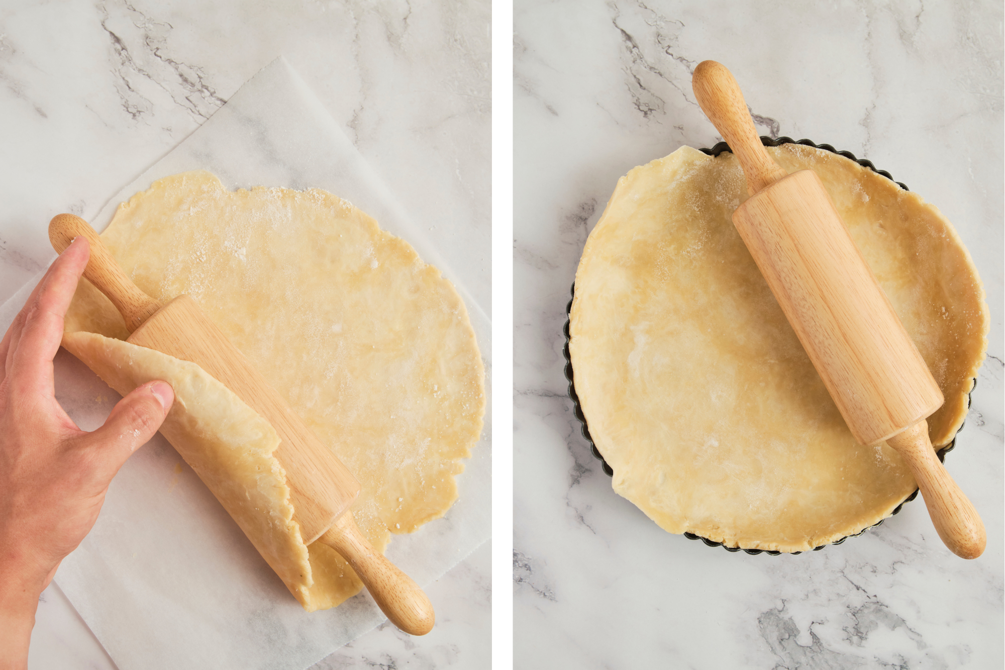 Step-by-step pie crust process showing flour and butter being mixed on a work surface, dough coming together, and rolled out—how to make pie crust from scratch without a food processor.