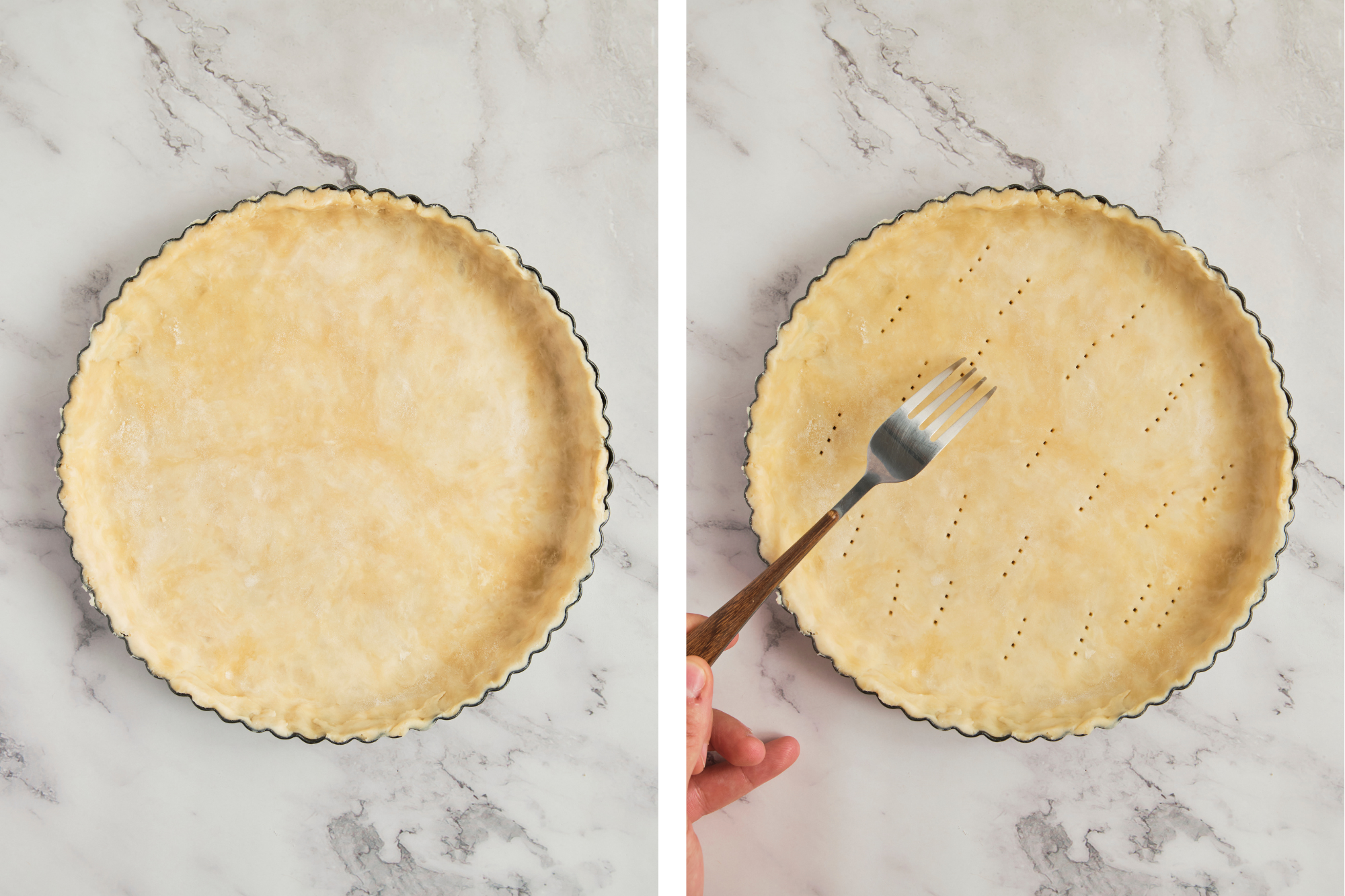 Step-by-step pie crust process showing flour and butter being mixed on a work surface, dough coming together, and rolled out—how to make pie crust from scratch without a food processor.