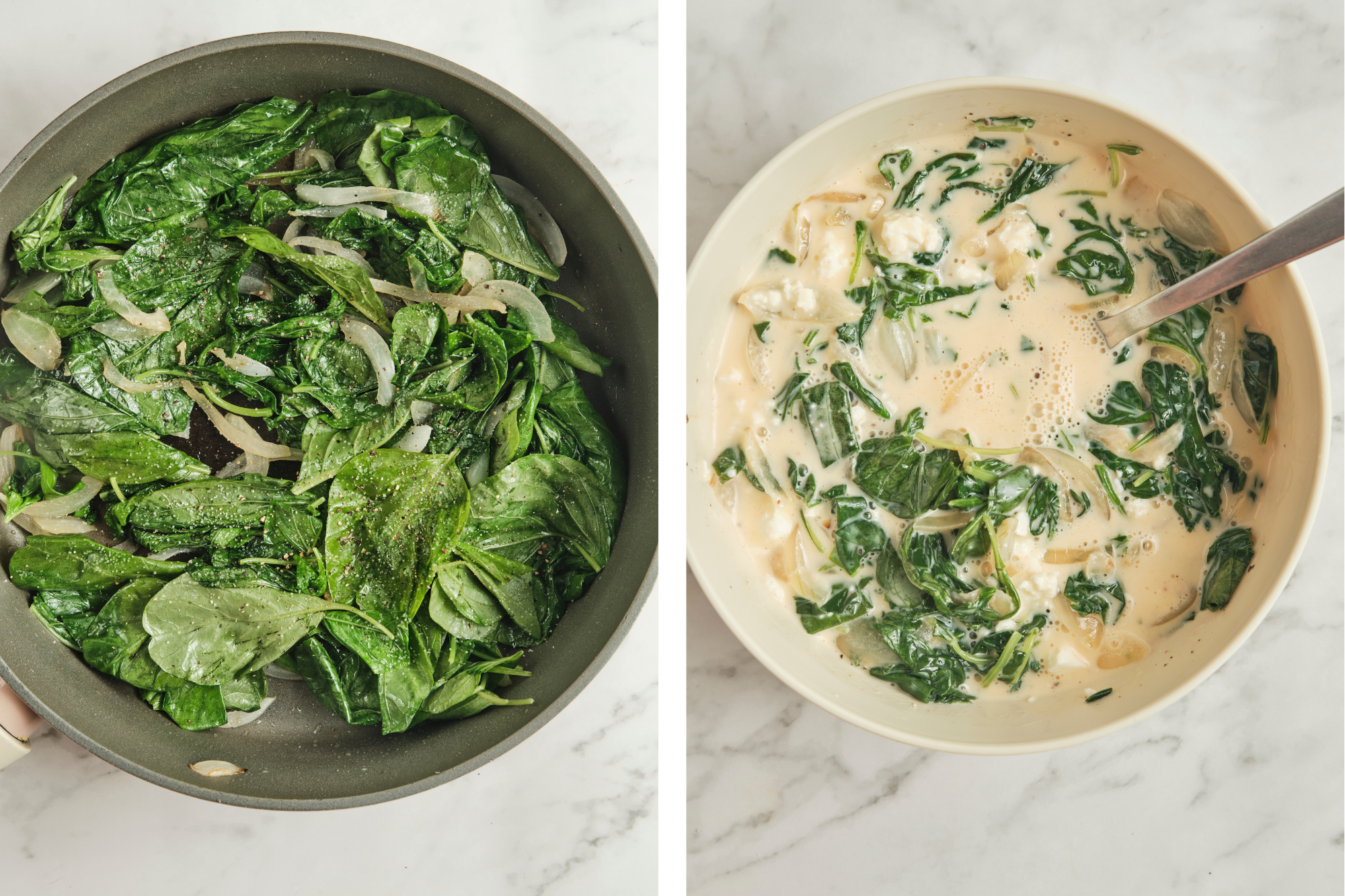 Step-by-step preparation of spinach feta quiche showing pie crust, sautéed spinach and onions, and egg mixture—process for an easy spinach and feta quiche recipe.