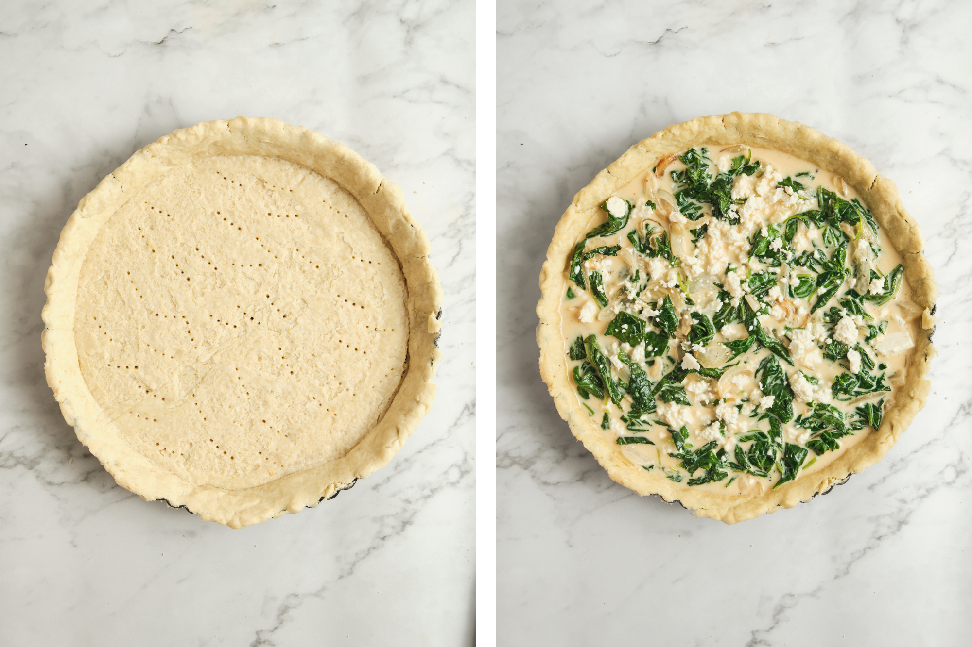 Step-by-step preparation of spinach feta quiche showing pie crust, sautéed spinach and onions, and egg mixture—process for an easy spinach and feta quiche recipe.