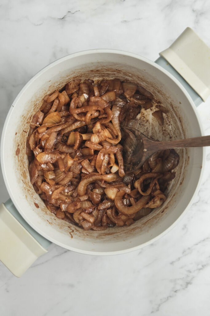 Close-up of caramelized onions with rich brown texture
