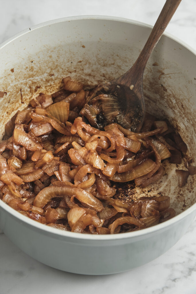 Close-up of caramelized onions with rich brown texture