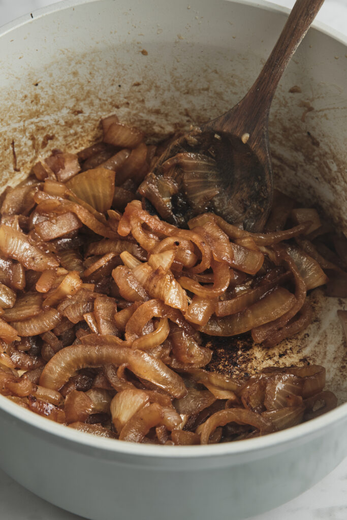 Close-up of caramelized onions with rich brown texture