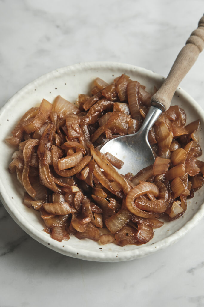 Close-up of caramelized onions with rich brown texture