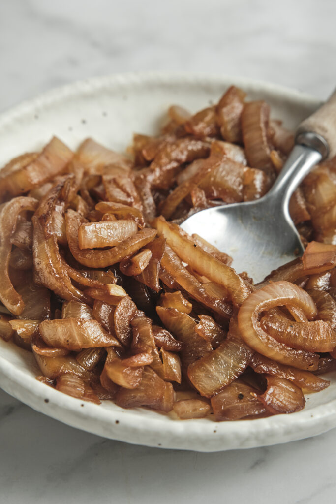 Close-up of caramelized onions with rich brown texture