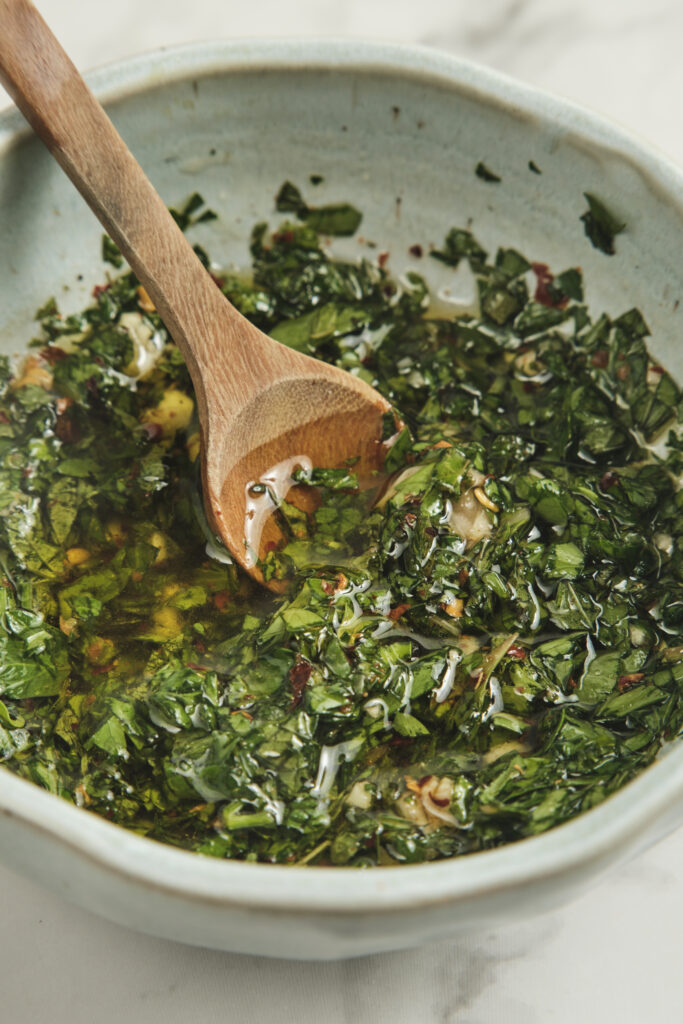 Homemade mint chimichurri sauce close-up