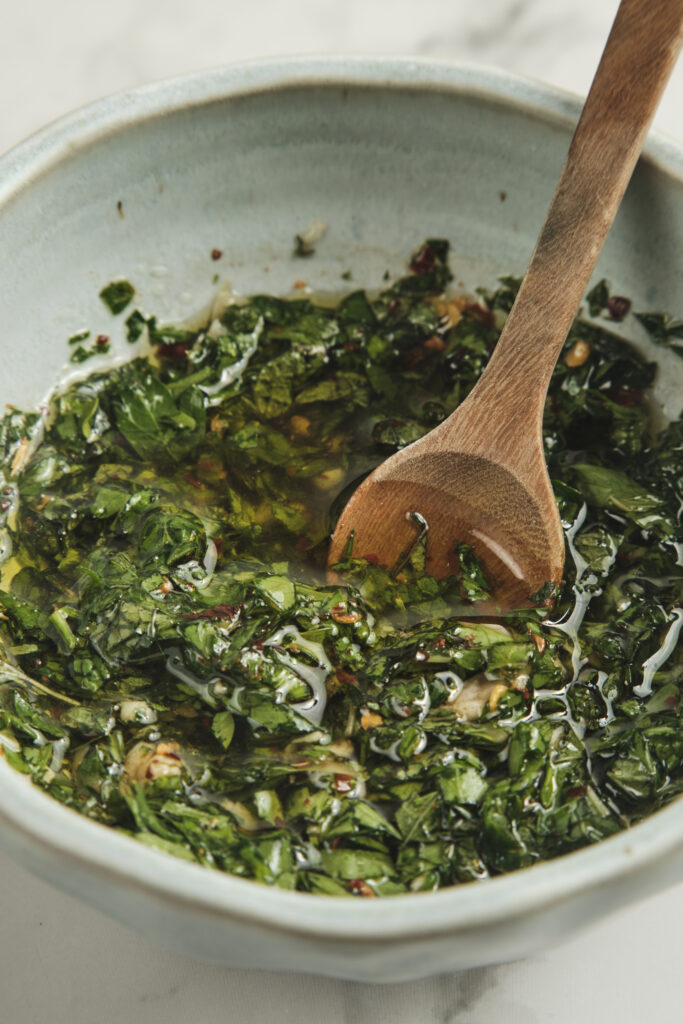 Homemade mint chimichurri sauce close-up