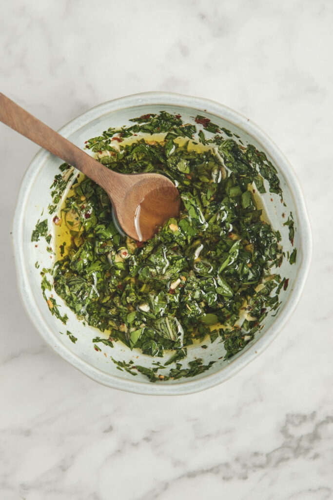 Homemade mint chimichurri sauce close-up