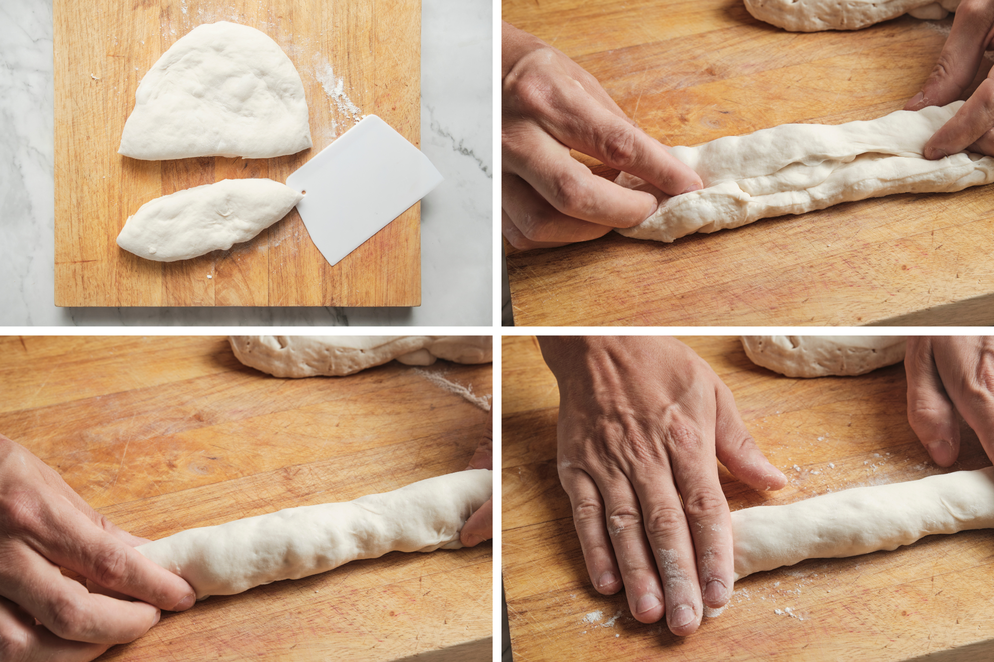 Shaping dough for French baguettes on a lightly floured surface—step-by-step process of forming baguettes for a baguette recipe and how to make baguette at home.
