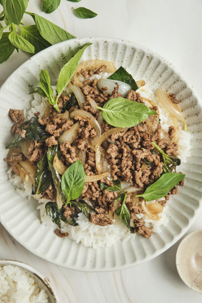 Thai basil beef served over rice