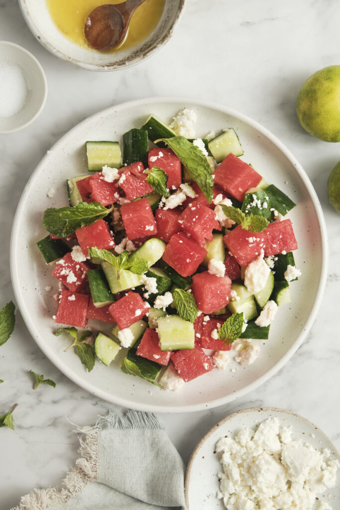 Easy watermelon feta salad with cucumber and herbs