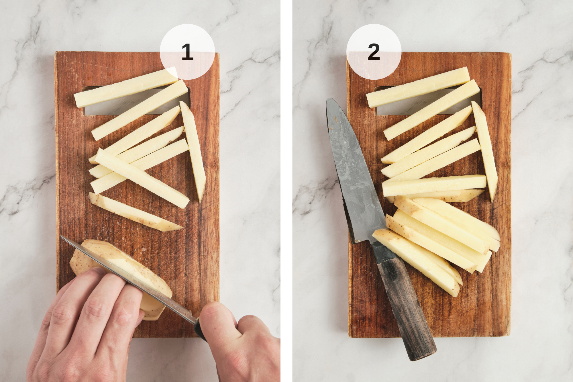 Russet potatoes sliced into thin fry-shaped sticks on a cutting board, preparing homemade french fries for the air fryer.