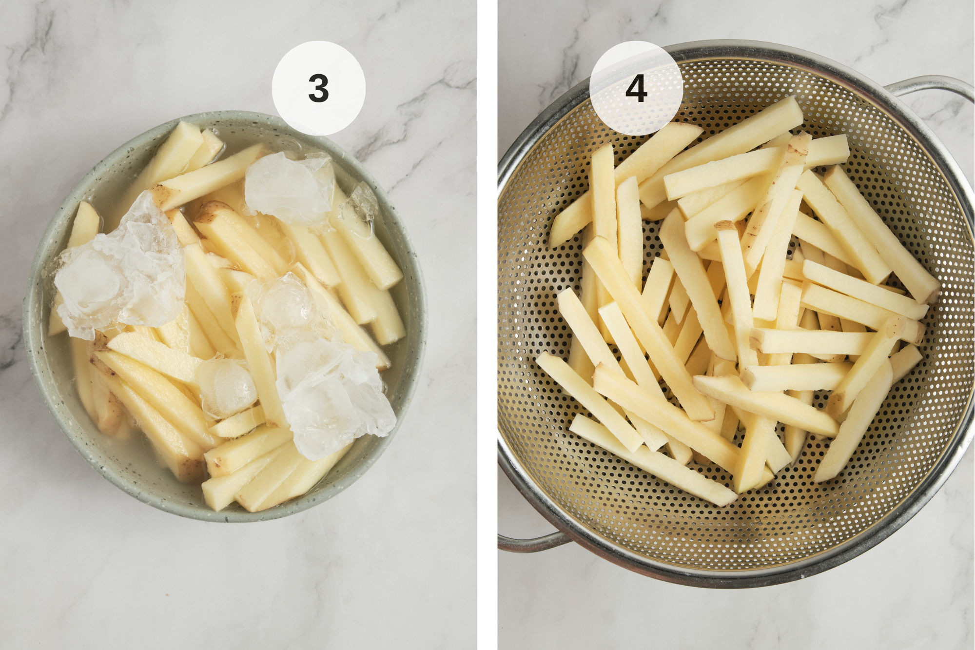 Potato sticks soaking in ice water in a bowl to remove excess starch for extra crispy homemade french fries in the air fryer.