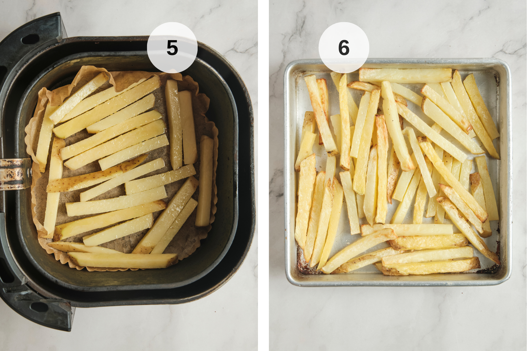 Pre-cooked homemade french fries drying on a tray before freezing, preparing crispy air fryer french fries with a fluffy center and golden texture.