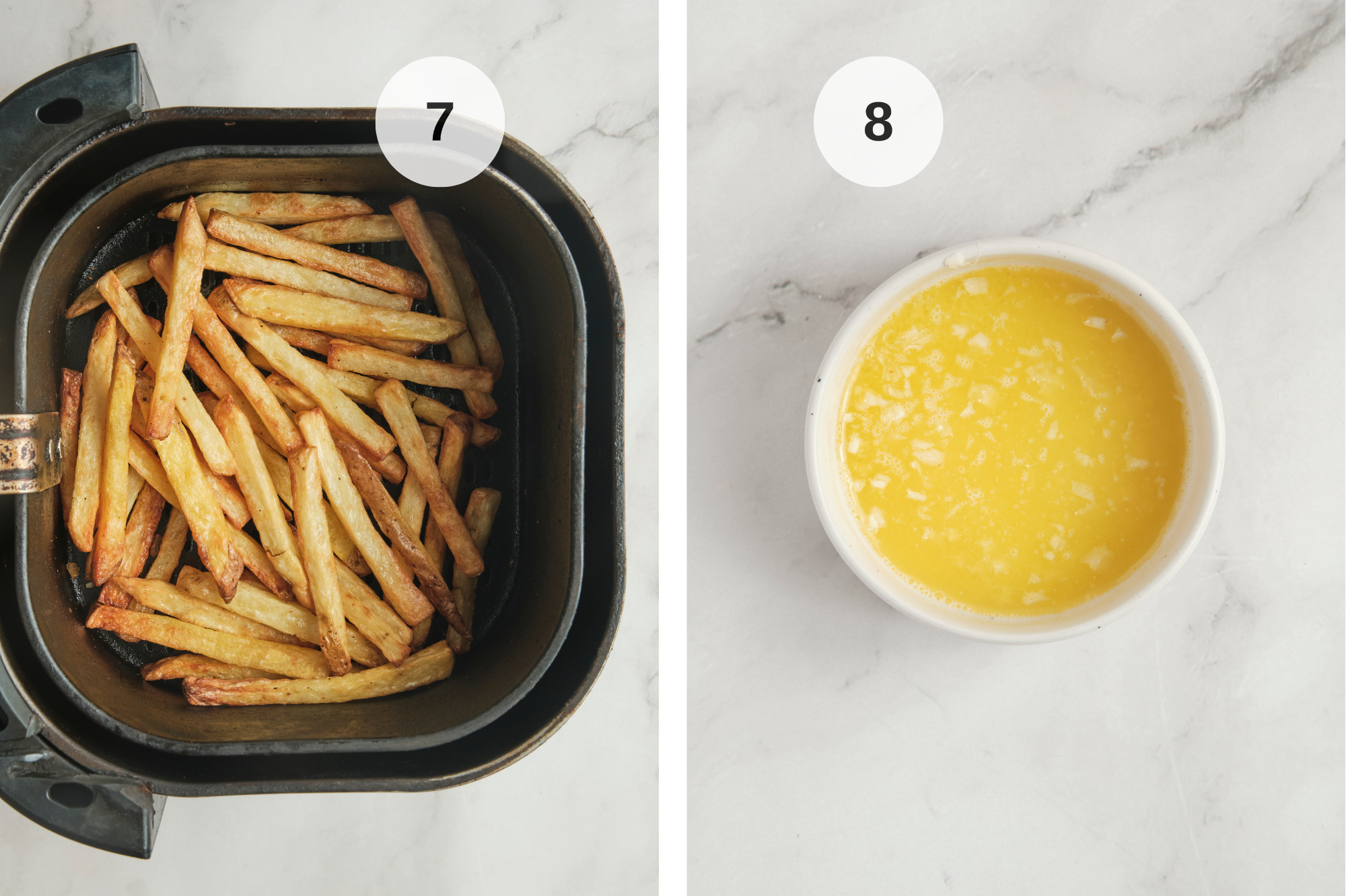 Golden homemade french fries crisping in the air fryer while melted garlic butter is prepared in a bowl for garlic parmesan air fryer fries.