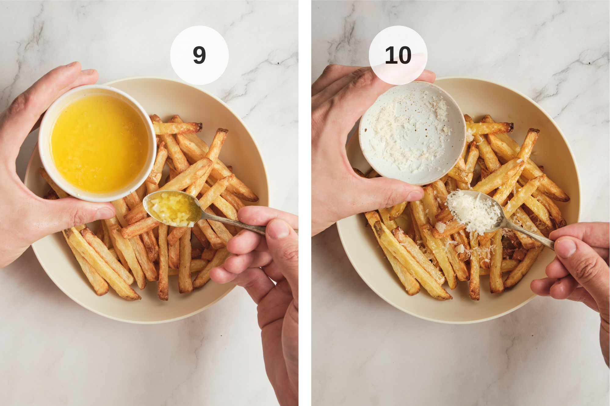 Crispy garlic parmesan french fries tossed in garlic butter, topped with grated parmesan and fresh parsley, and served on a plate.