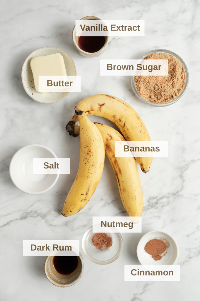 Ingredients needed to make Bananas Foster.