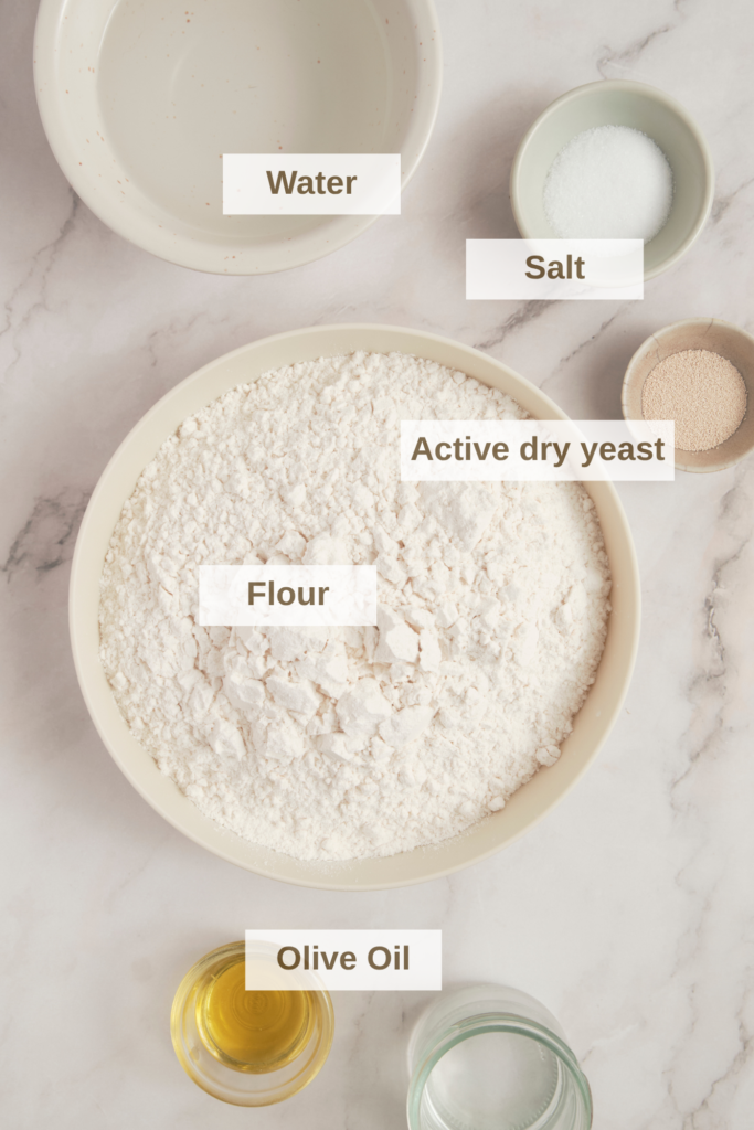 Ingredients needed to make ciabatta bread.