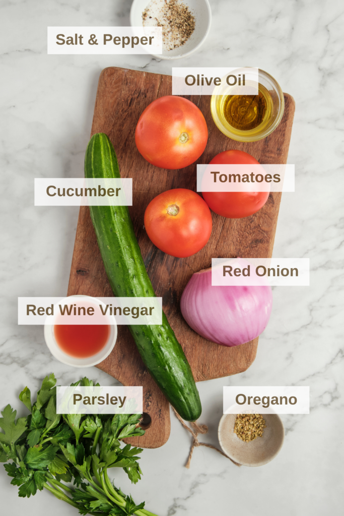 Ingredients needed to make cucumber tomato salad with red onion