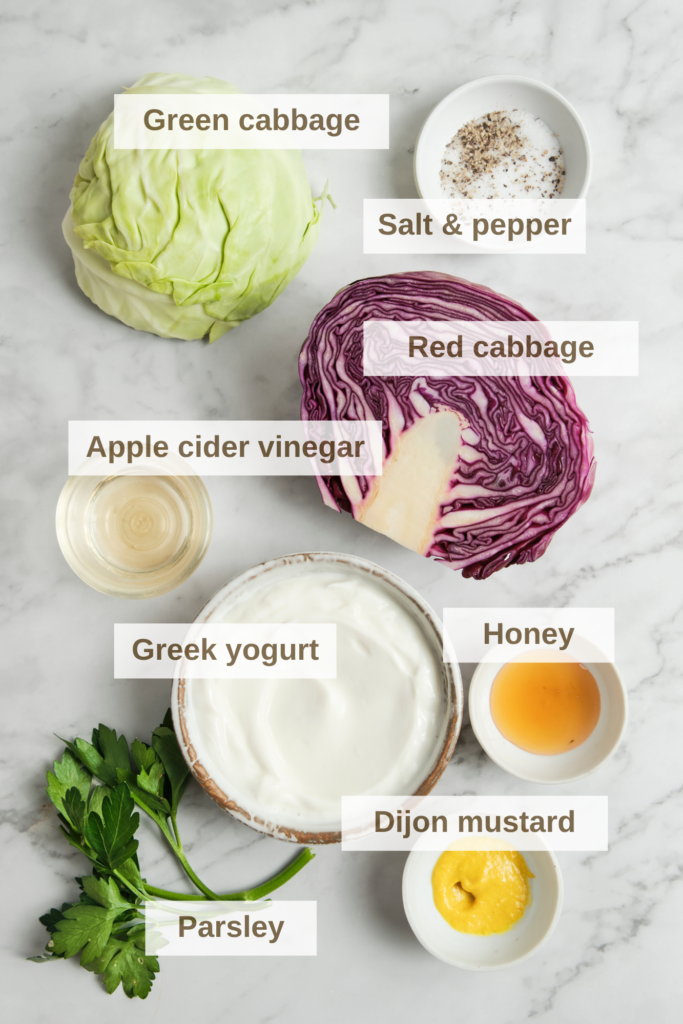Ingredients needed to make Greek Yogurt Coleslaw