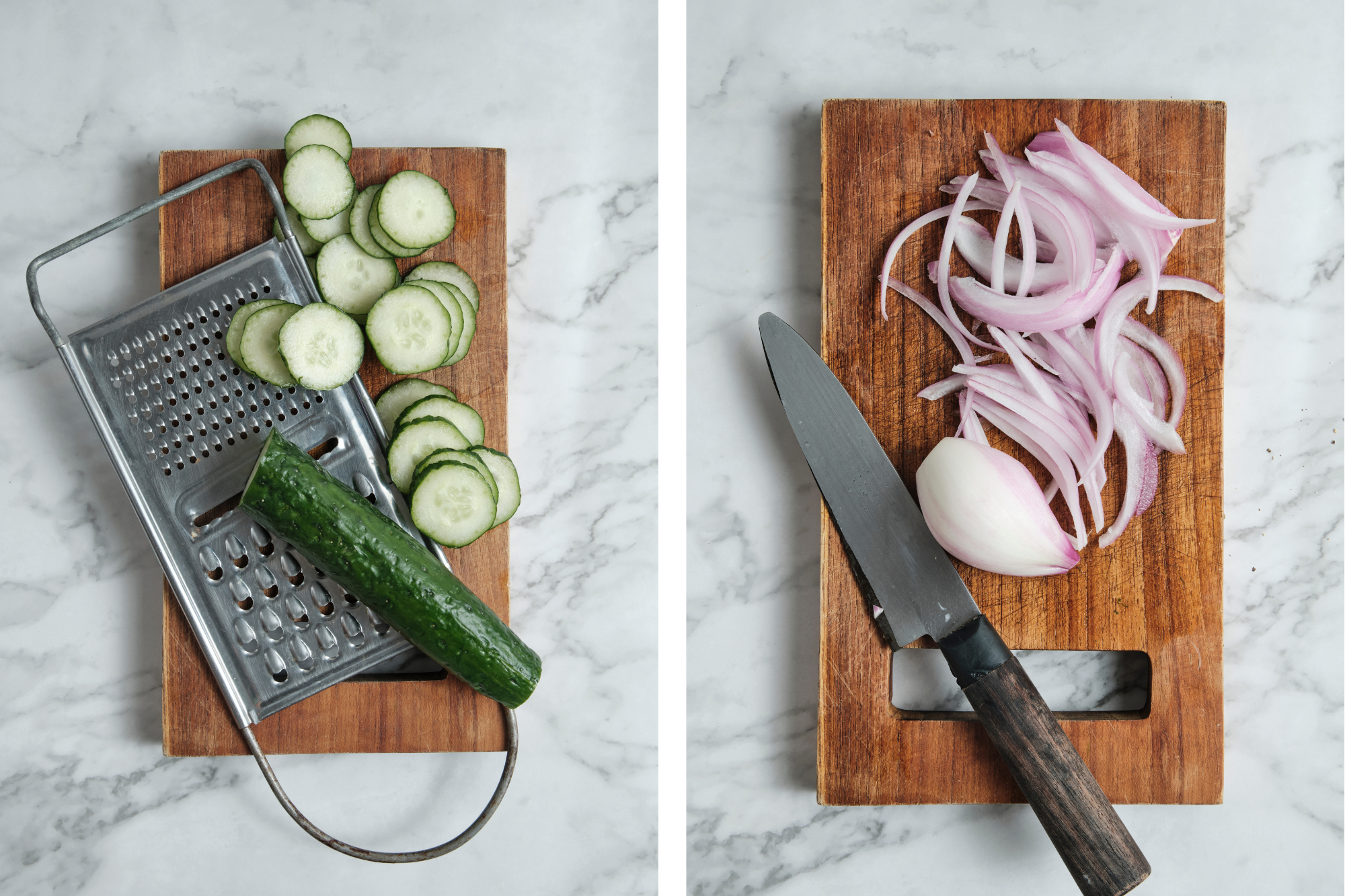 Slicing a fresh English cucumber on a stainless steel mandolin next to crisp cucumber slices on a wooden cutting board.