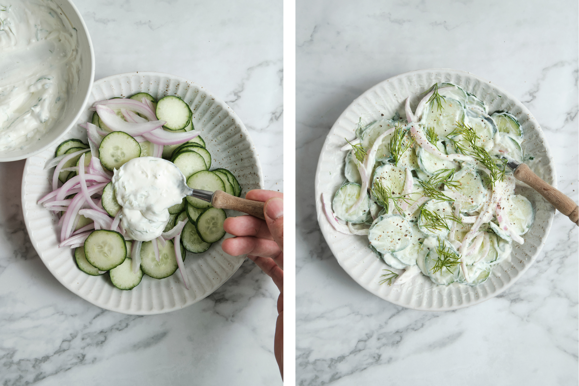 A two-panel image showing sliced cucumbers and red onions being mixed with yogurt dressing, then completely tossed in a white bowl.