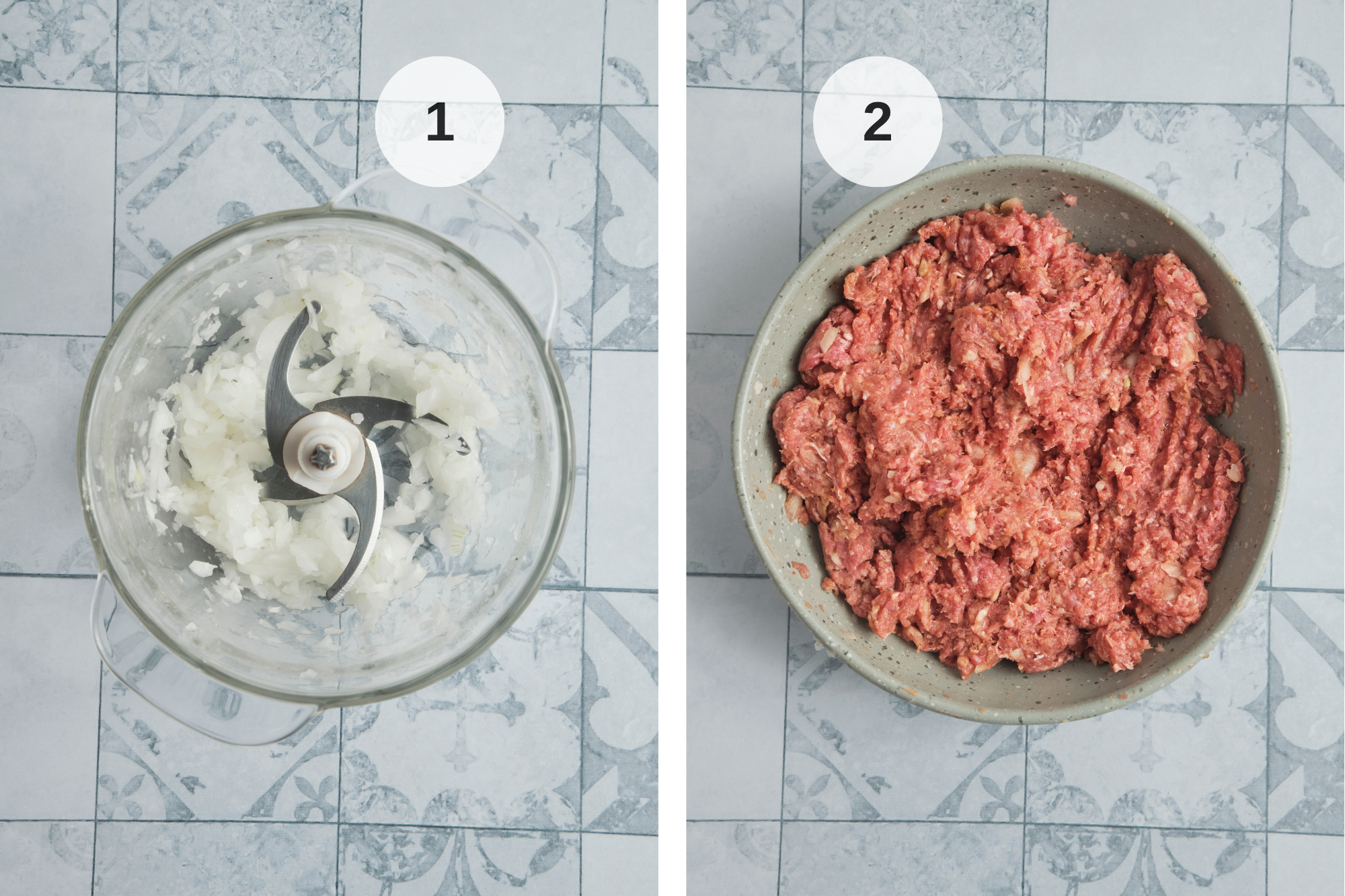 Close-up of onions blended in a food processor and ground meat mixed with tomato paste and aromatic spices in a bowl for homemade Turkish-style doner kebab preparation.