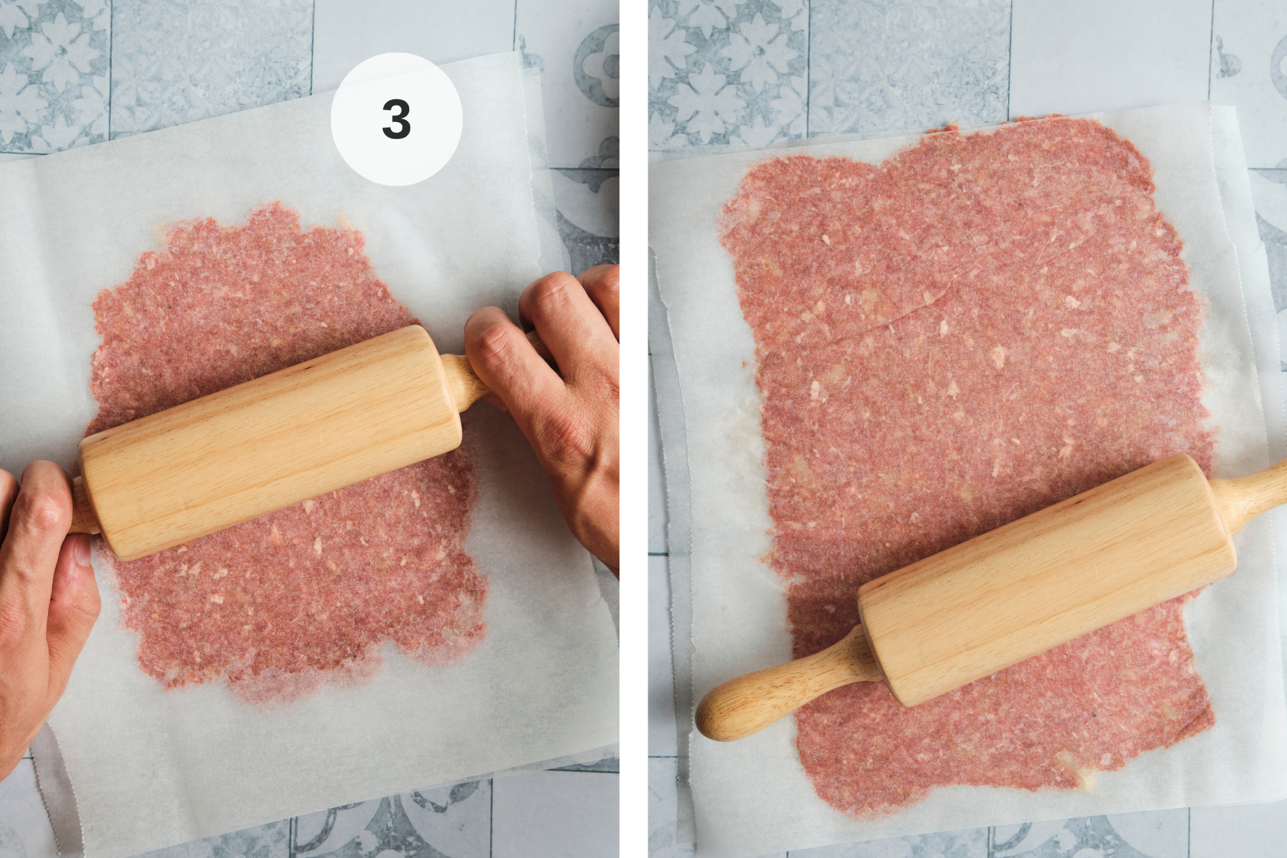 Ground doner kebab meat mixture rolled evenly between sheets of parchment paper with a rolling pin, preparing thin layers for homemade Turkish-style doner kebab.