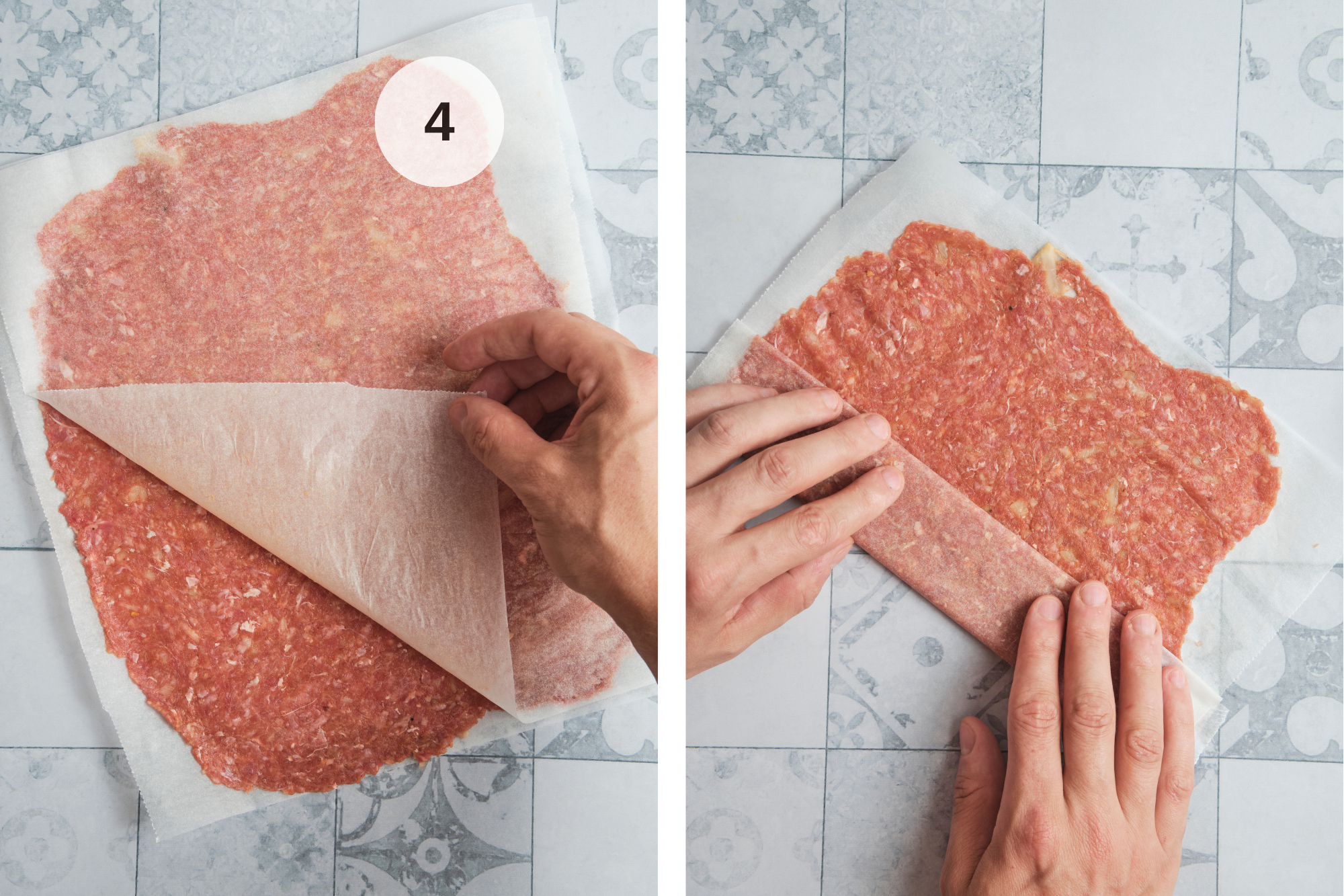 Thin layers of seasoned doner kebab meat rolled tightly into logs on parchment paper and placed on a sheet pan for homemade Turkish-style doner kebab preparation.