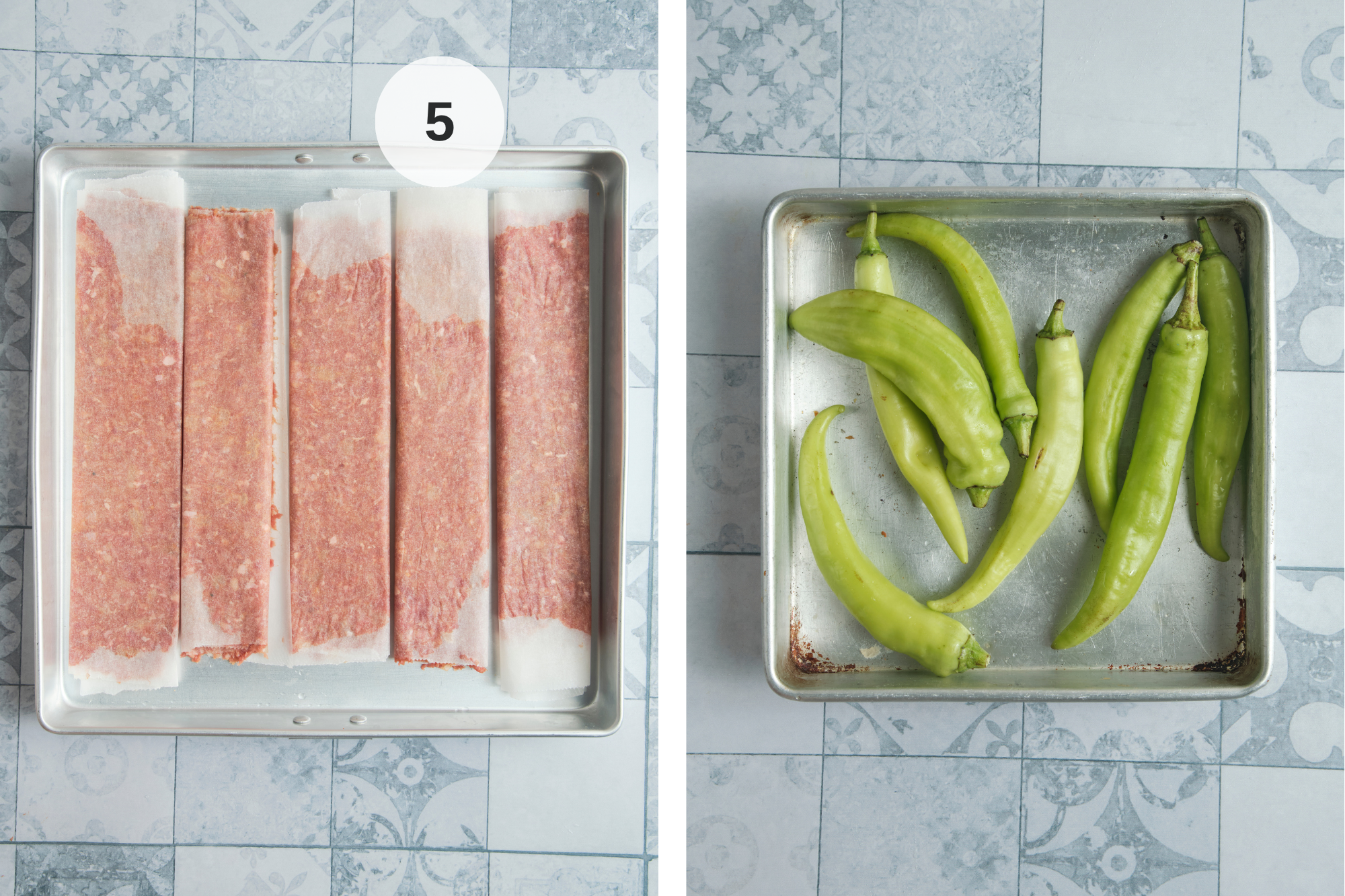 Fresh green peppers and mixed vegetables arranged on a sheet pan with olive oil, salt, and pepper, ready to roast alongside homemade Turkish-style doner kebab.