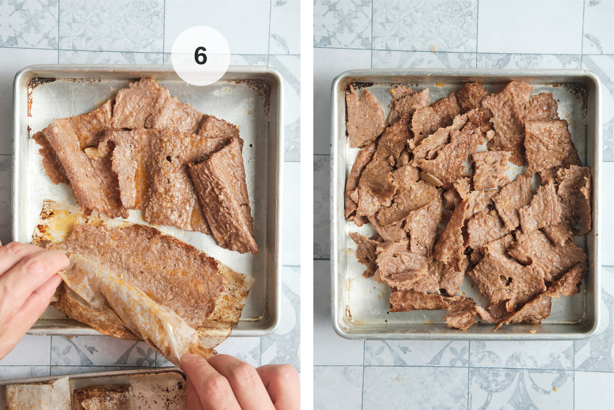Cooked doner kebab meat unrolled from parchment paper and torn into thin strips after baking for authentic homemade Turkish-style doner kebab.