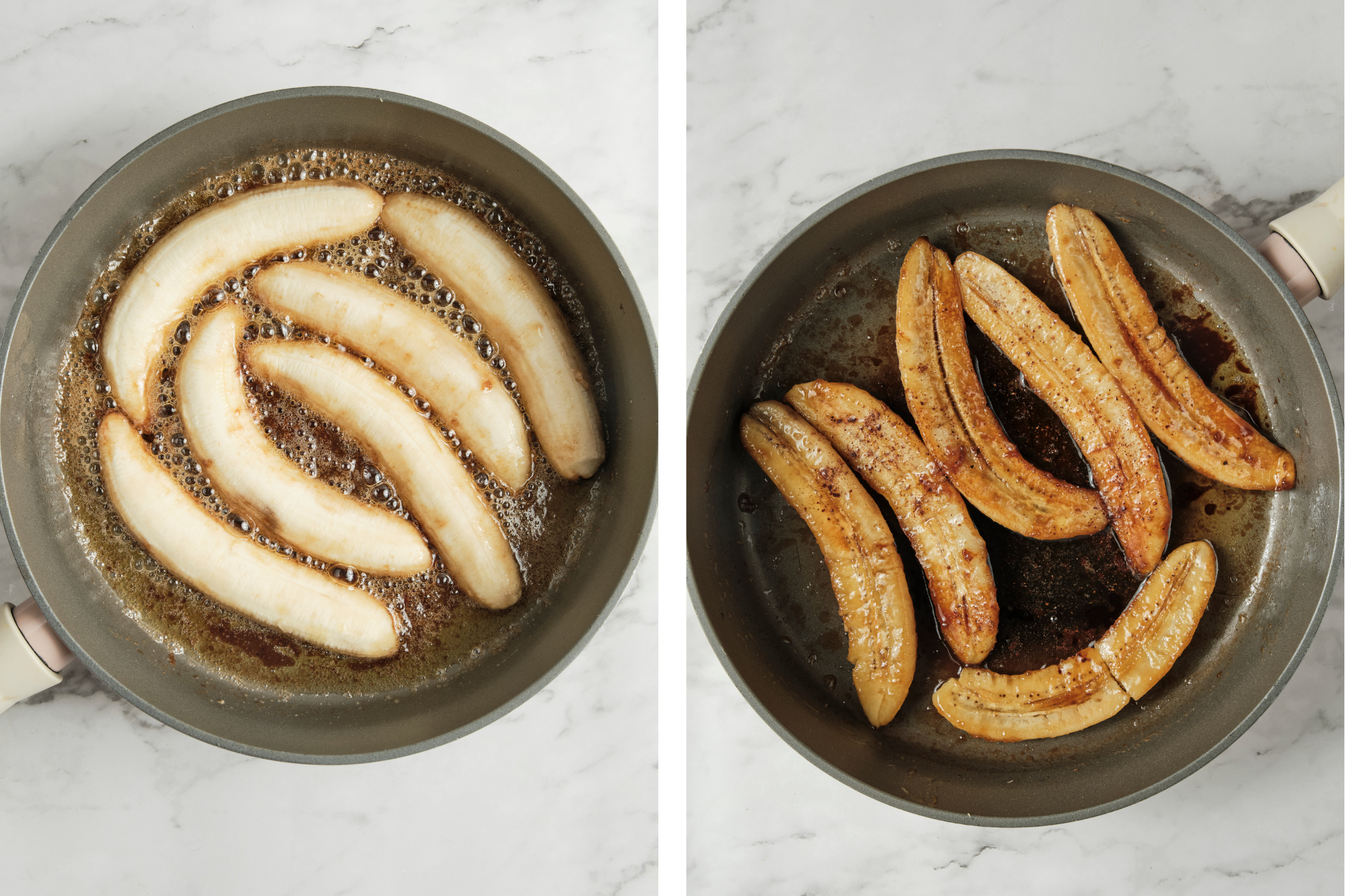 bananas are being cooked in the butter rum sauce