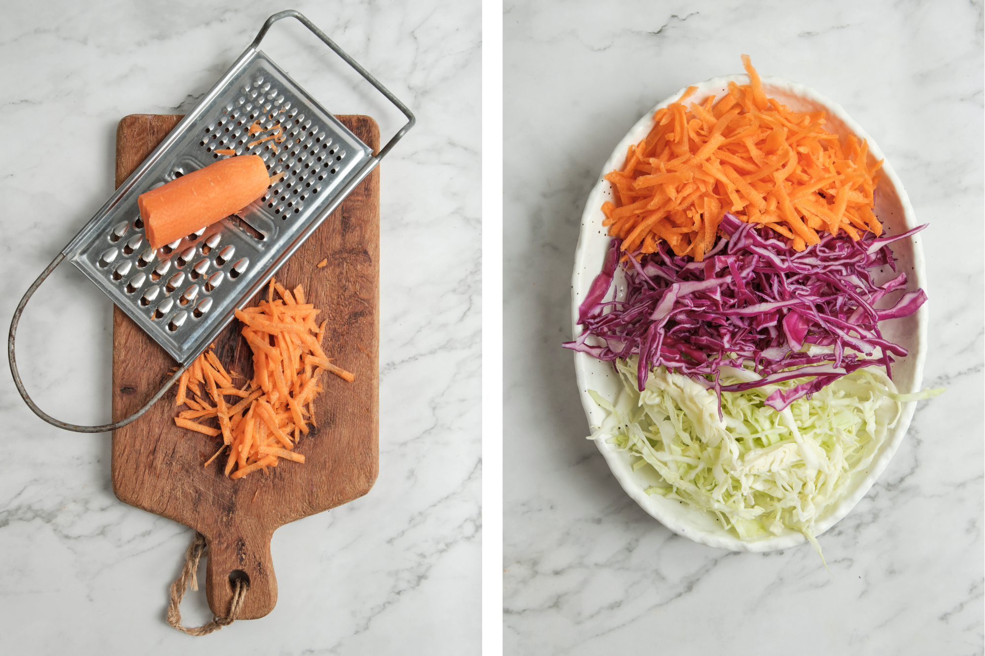 A close-up of cabbage and carrot being prepared for a salad or slaw, showing different cutting methods such as knife slicing and grating. The vegetables are thinly shredded and placed into a bowl of ice water to crisp up, then drained and patted dry, ready for use.