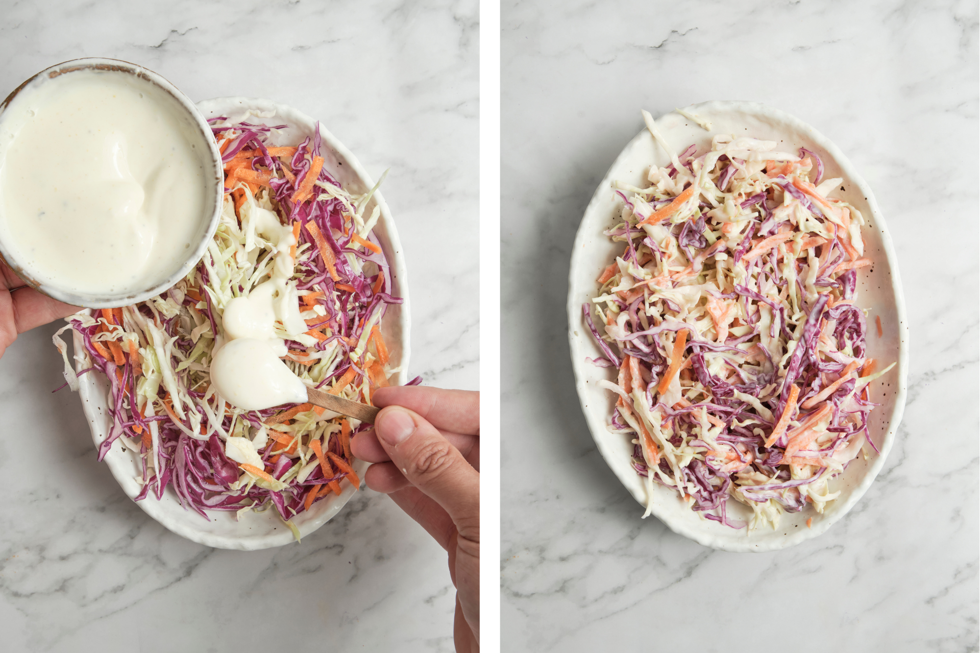 A bowl of fresh shredded vegetables being coated with a creamy Greek yogurt dressing, tossed together until evenly mixed, and finished with a sprinkle of freshly chopped parsley.
